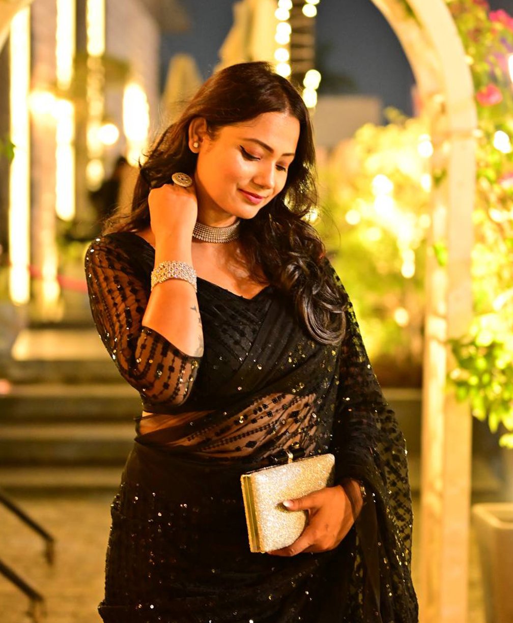 Black Sequined Net Saree with Jhalar Border